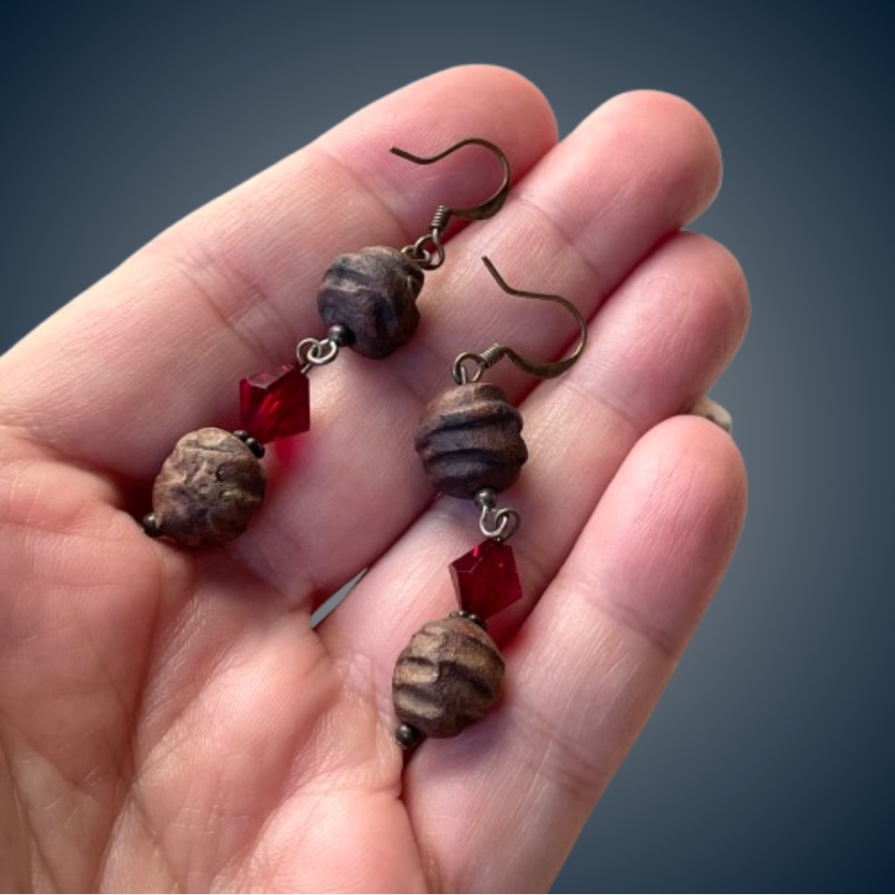 Unusual vintage art glass & stone? dangle earrings Czech?